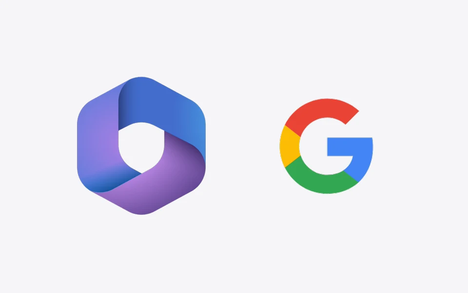 Microsoft 365 and Google Workspace logos side by side on a light grey background.