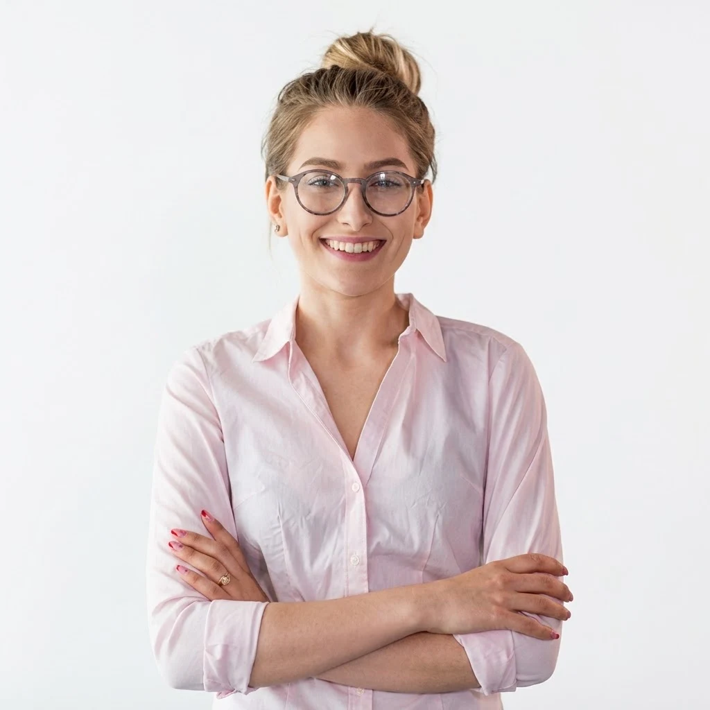 Professional portrait of an employee with arms crossed, wearing a light pink shirt and glasses on a white background.