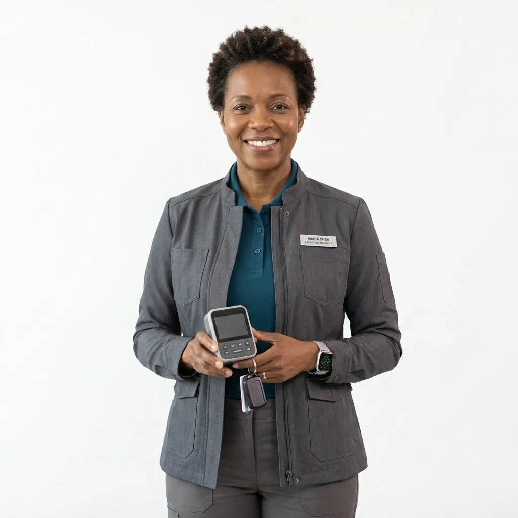 Professional portrait of a facilities manager in a grey utility jacket with a name badge, holding a handheld device and keys on a white background.