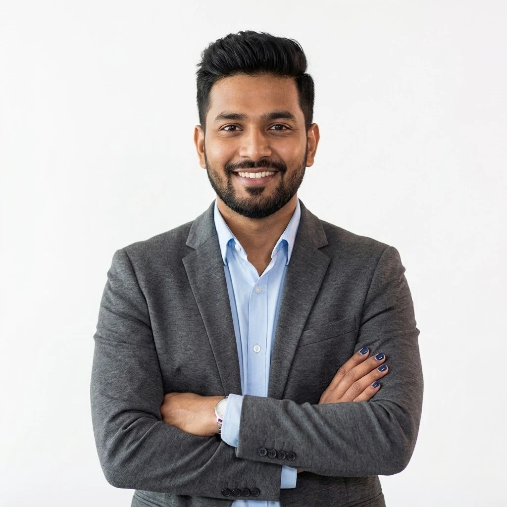 Professional portrait of a finance stakeholder with arms crossed, wearing a grey blazer over a light blue shirt on a white background.