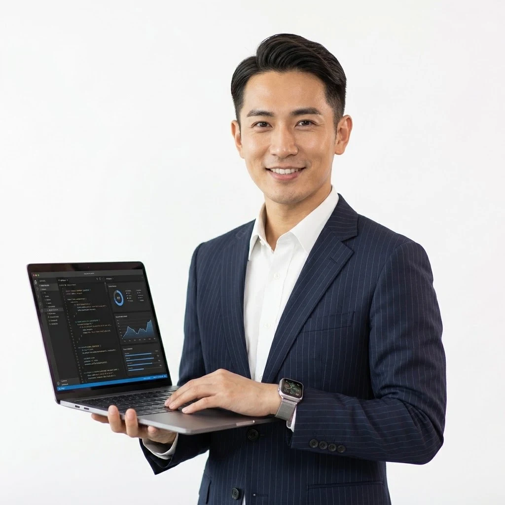 Professional portrait of an IT team member in a navy pinstripe suit holding a laptop that shows a code editor and utilization dashboard on a white background.