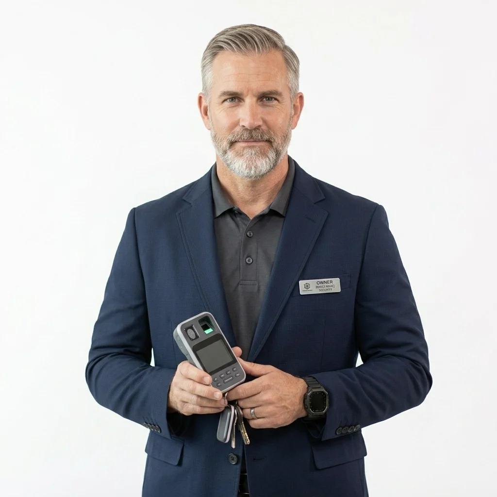 Professional portrait of a security owner in a navy blazer with an Owner Security name badge, holding a handheld biometric scanner and keys on a white background.