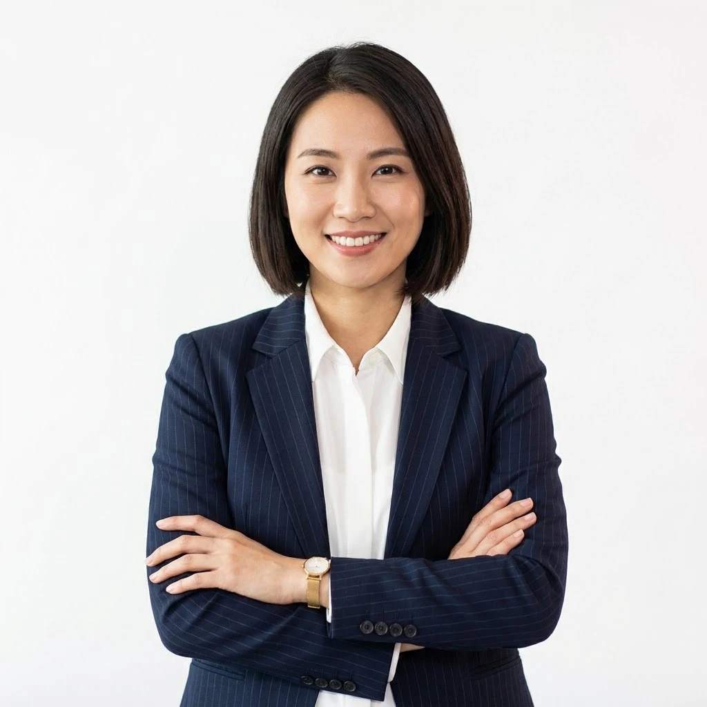 Professional portrait of a workplace team leader with arms crossed, wearing a navy pinstripe blazer on a white background.