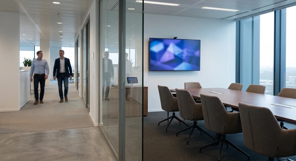 Meeting room marked booked on a panel while the room sits empty