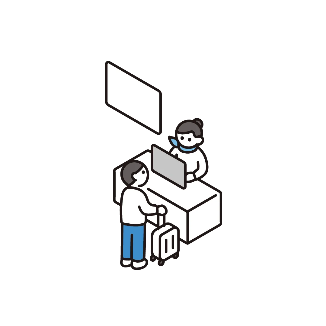 Isometric illustration of a hotel check-in counter with staff helping guests at the desk