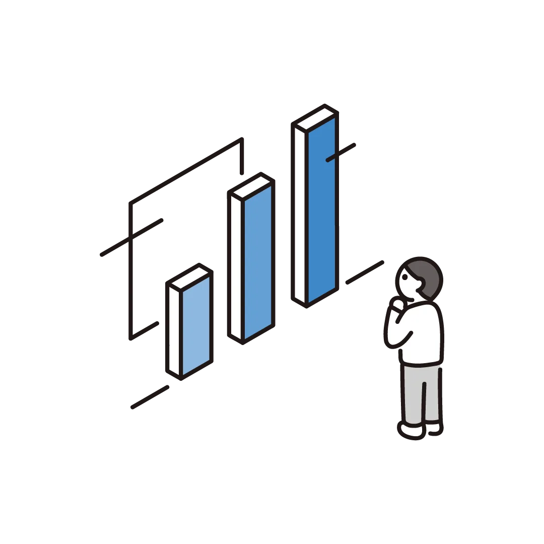 Isometric illustration of people standing next to a large bar chart