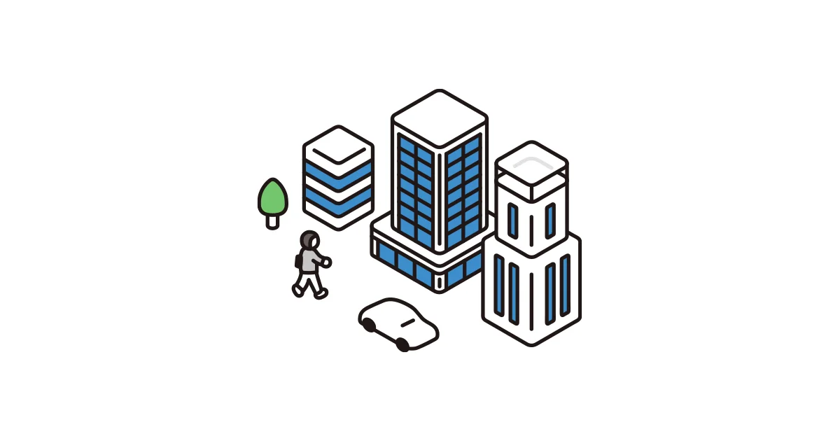 Isometric illustration of people outside an office building