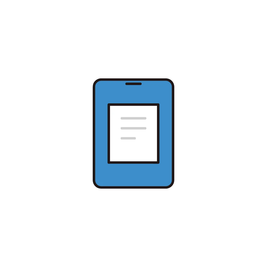 Illustration of a tablet standing beside a stack of documents