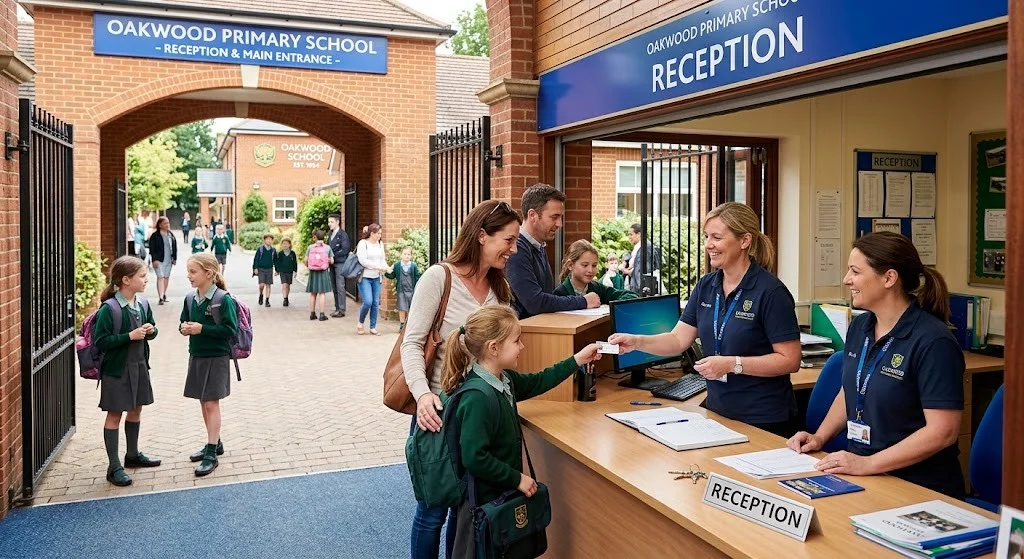 Why a school gate cannot run on a paper book, and how photo labels, invitations and one portal across campuses fix arrival.
