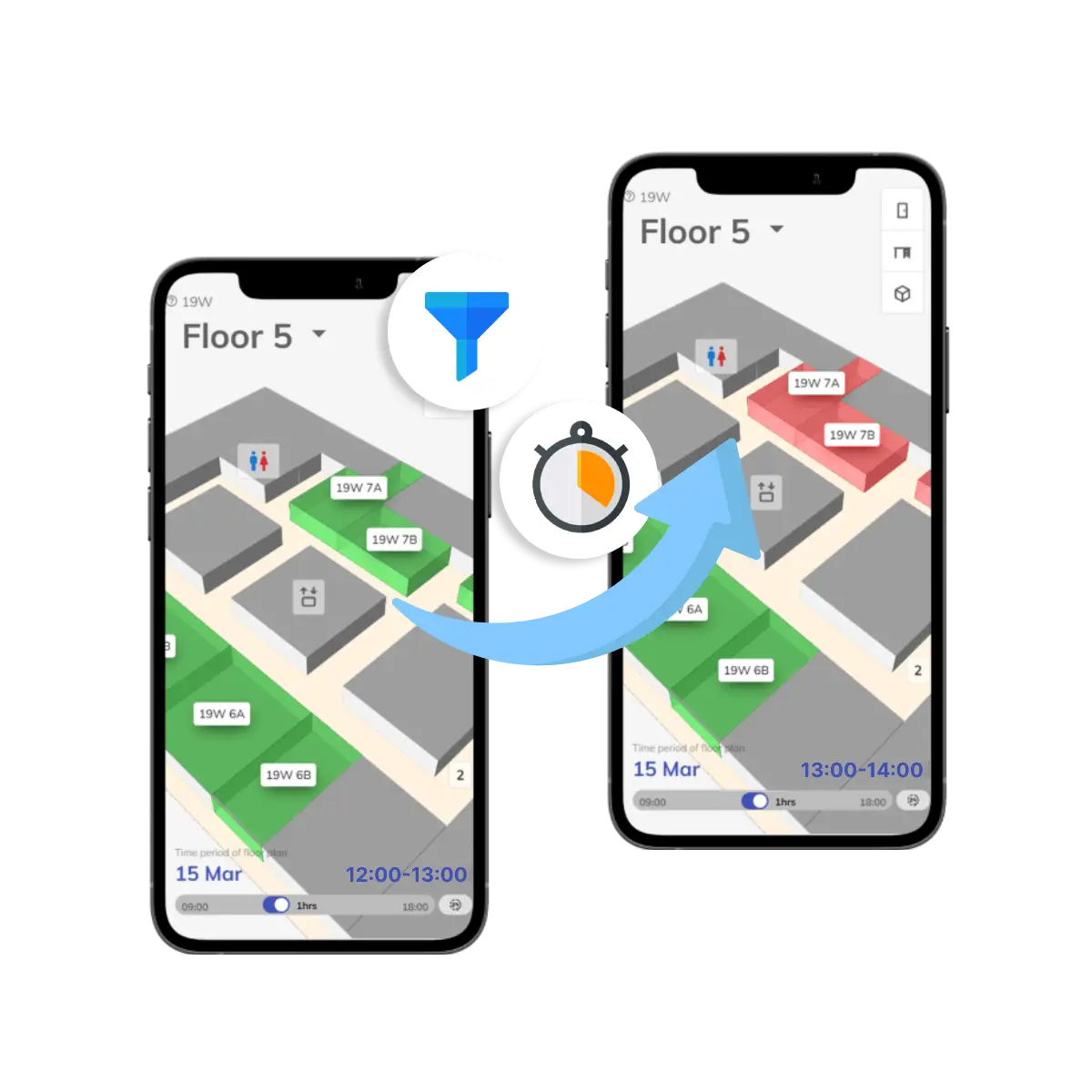Two mobile floor maps showing available and occupied desks after availability and time filters are applied.
