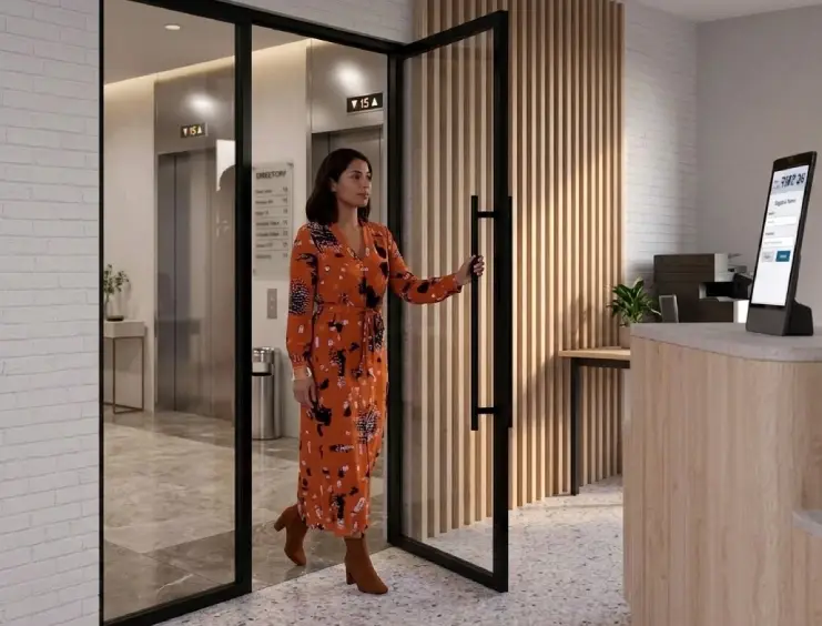 A guest arriving at workplace reception, ready to check in.