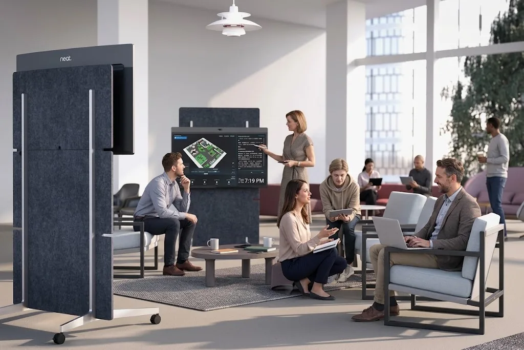 A lounge with a Neat rolling board in the foreground. Colleagues sit with laptops while a woman presents a live floor map on a second display.