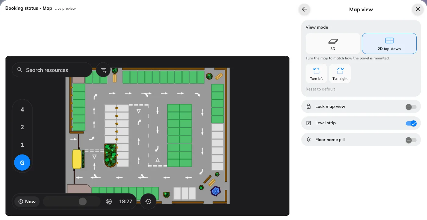 Signage editor live preview of Booking status Map in 2D top-down, with Map view settings for 3D or 2D, lock map view, level strip, and floor name pill.