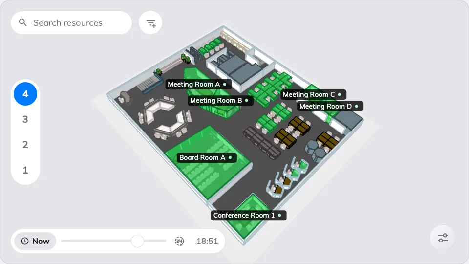 3D Booking status Map widget: floor 4 with a resource search box, a Now time slider, and meeting rooms labelled in green.