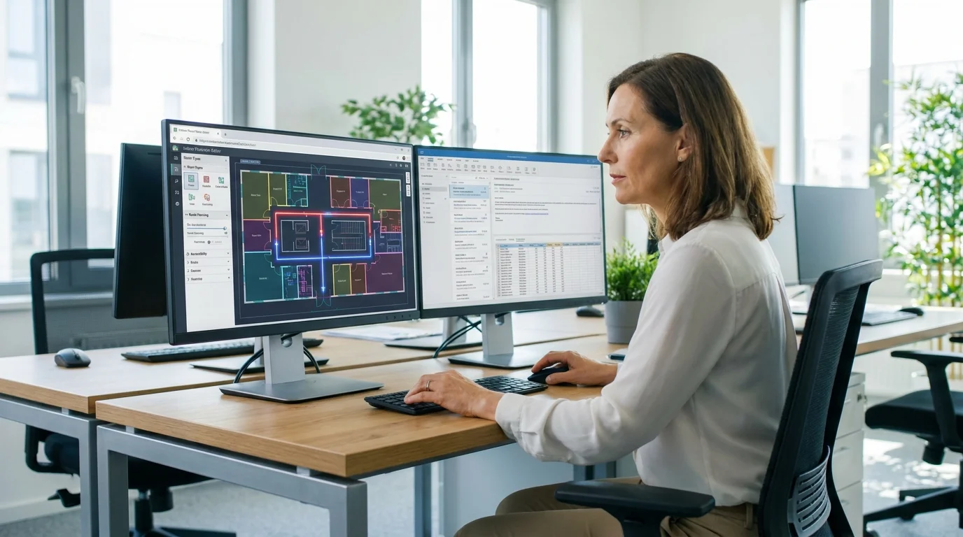 A facilities planner at a desk with two monitors, one showing a floor plan with colored rooms and a blue route path marked Route Path
