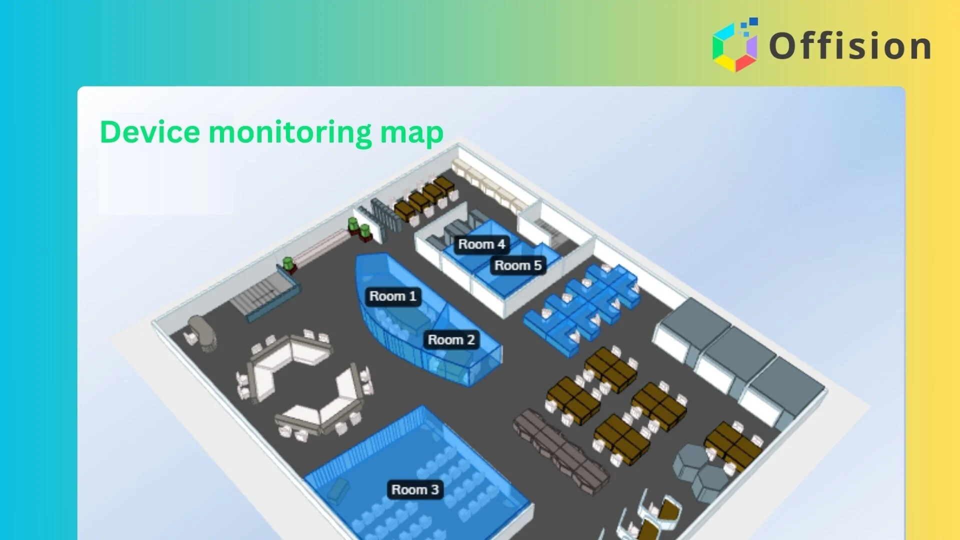3D signage floor plan with rooms and desk banks painted blue across one office floor.