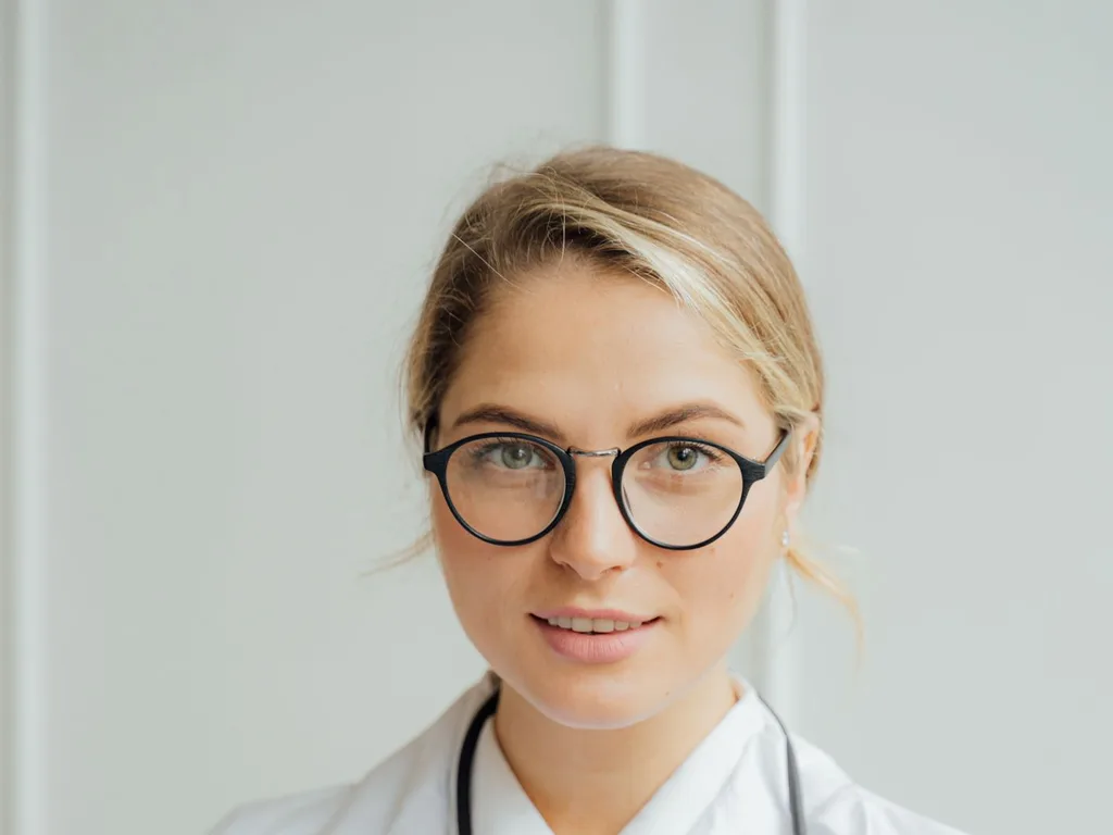 眼鏡をかけた白衣の女性。襟元に聴診器があり、背景は薄い色の壁。