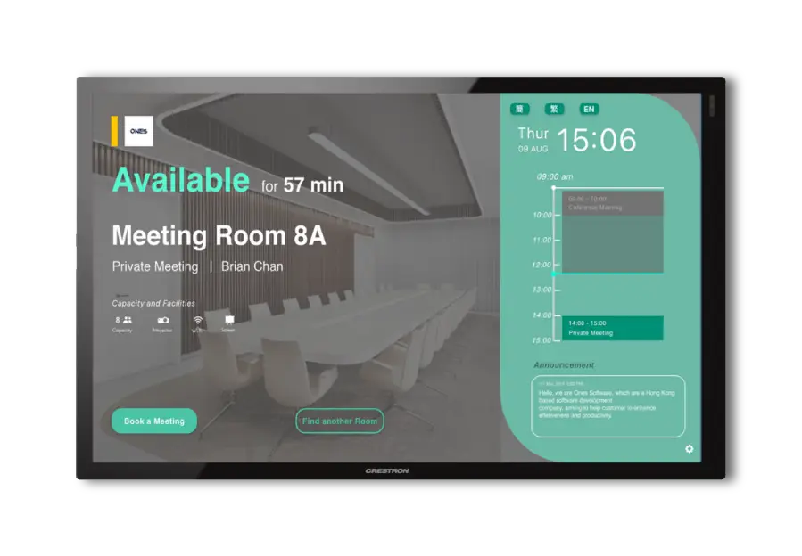 Room display showing Meeting Room 8A available for 57 minutes with its capacity, projector, Wi-Fi and screen amenities.