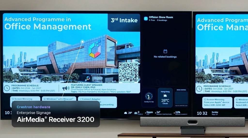 Dual wall displays showing Offision digital signage with an AirMedia soundbar below