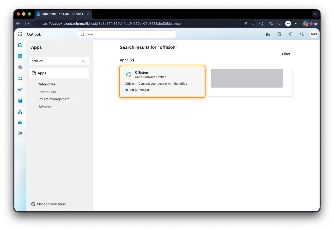 Find Offision in Outlook Apps