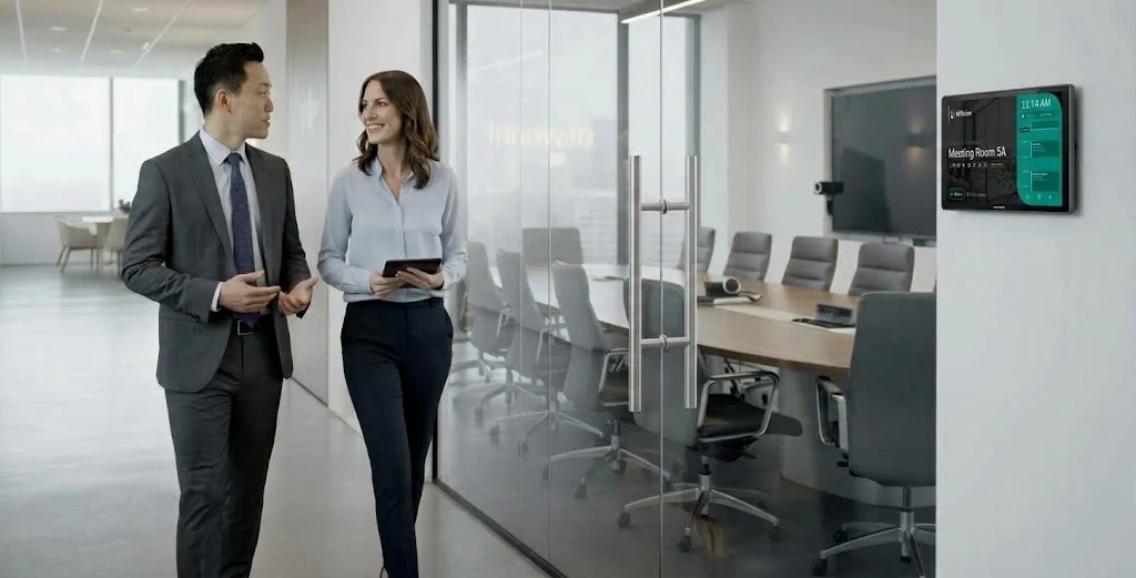 Two colleagues walk past a glass meeting room while a wall panel outside shows Meeting Room 5A is available.