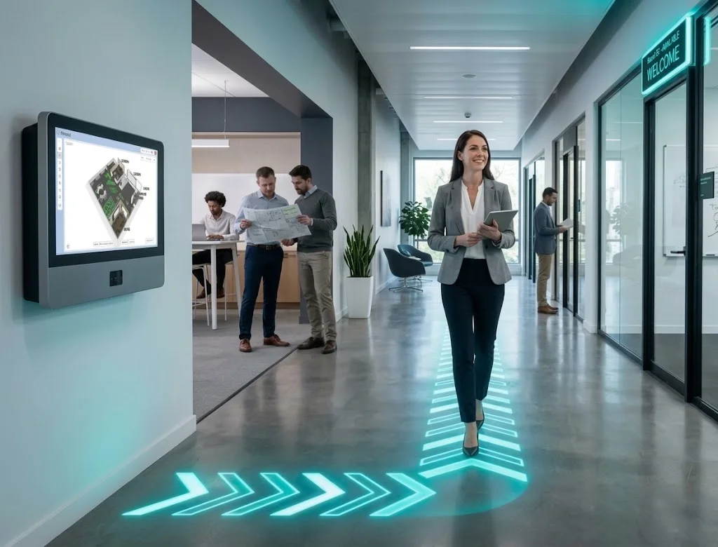 A modern office corridor with an interactive floor-plan kiosk, room signs, and illuminated wayfinding arrows.