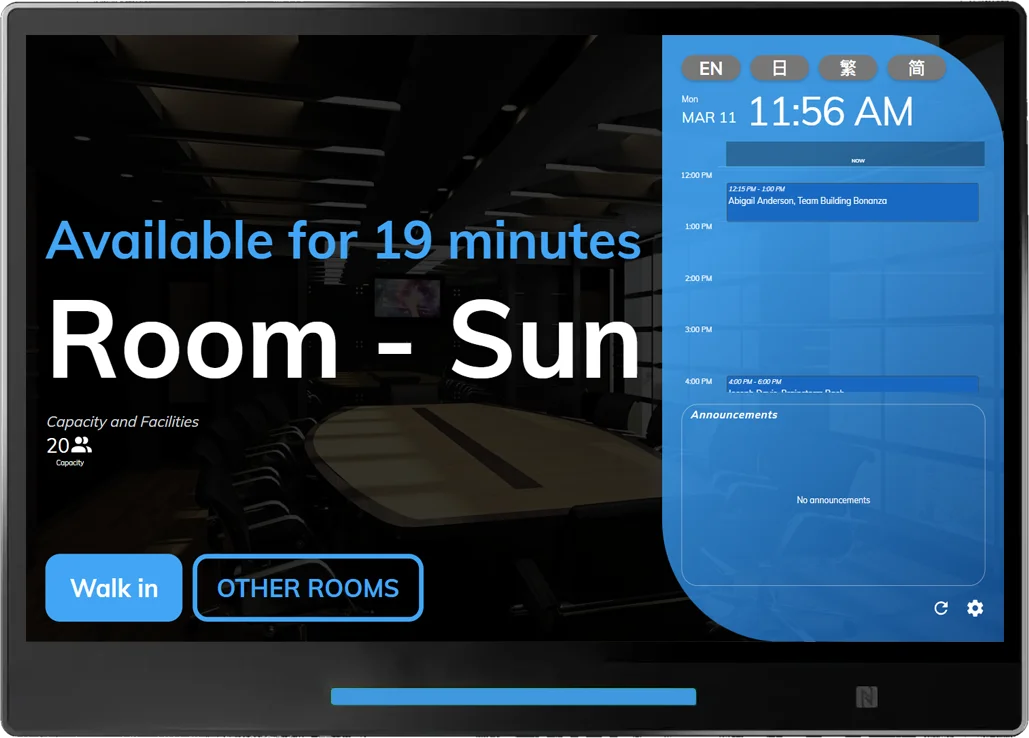 The room is available for less than 30 minutes. Look for a room in blue if you need a room for a quick meeting.