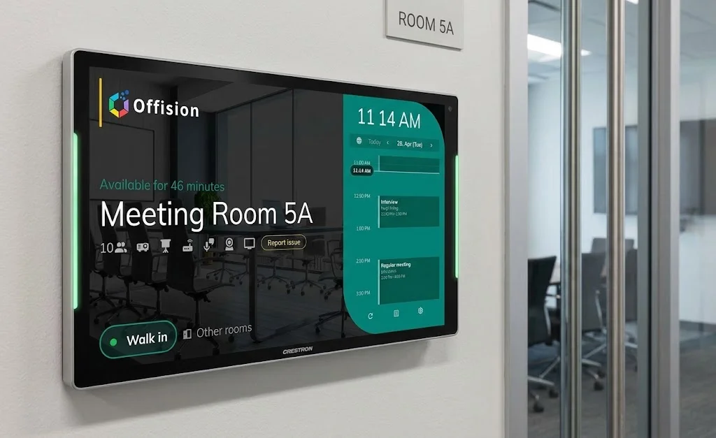 A Crestron panel on the wall outside Meeting Room 5A, showing the room is free for 46 minutes, today's schedule, and a walk-in button.