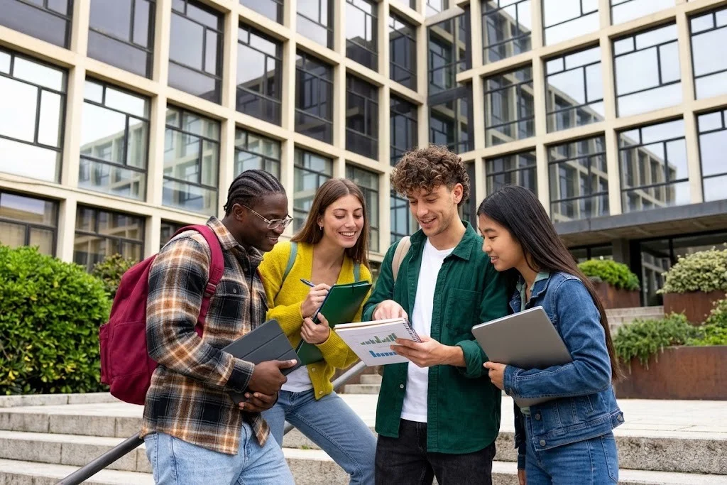 Four students on the steps of a campus building, looking together at a tablet, a notebook, and a laptop
