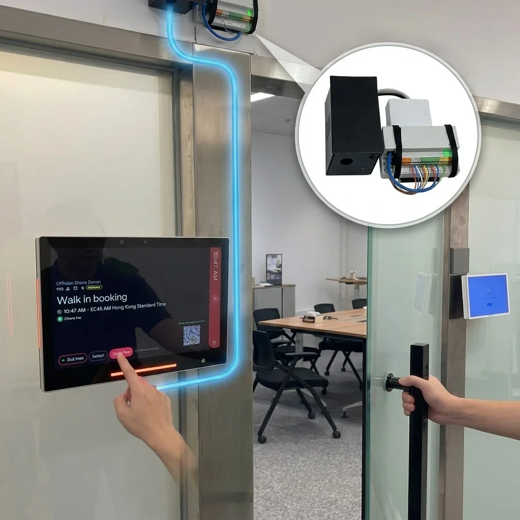Booking panel and AXIS door lock at a meeting room