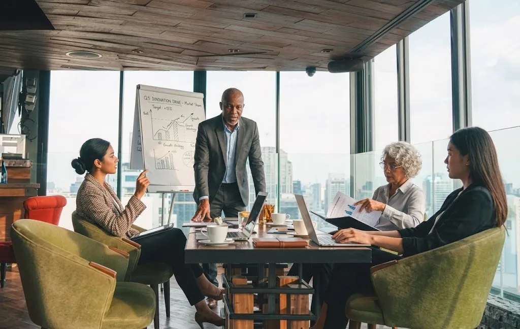 Multinational team in a high-rise boardroom reviewing growth charts on a flip chart, laptops open and the city skyline behind them.