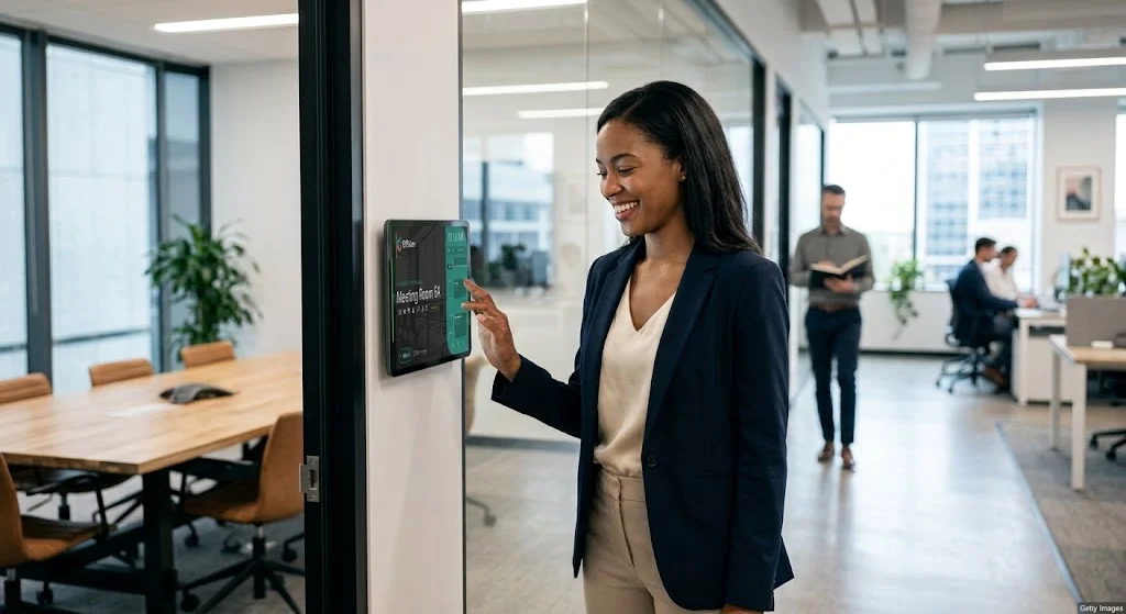 Employee checking Meeting Room 6A on a wall-mounted Offision booking panel in an open office.