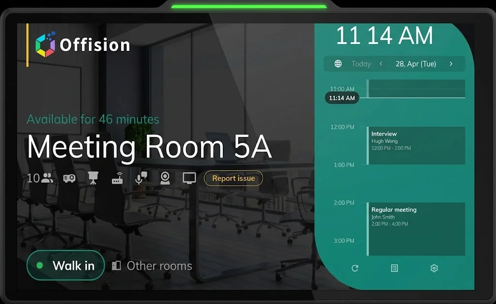 Qbic room booking panel in green available status, showing Meeting Room 5A, remaining time, a walk-in button, and the day’s schedule.
