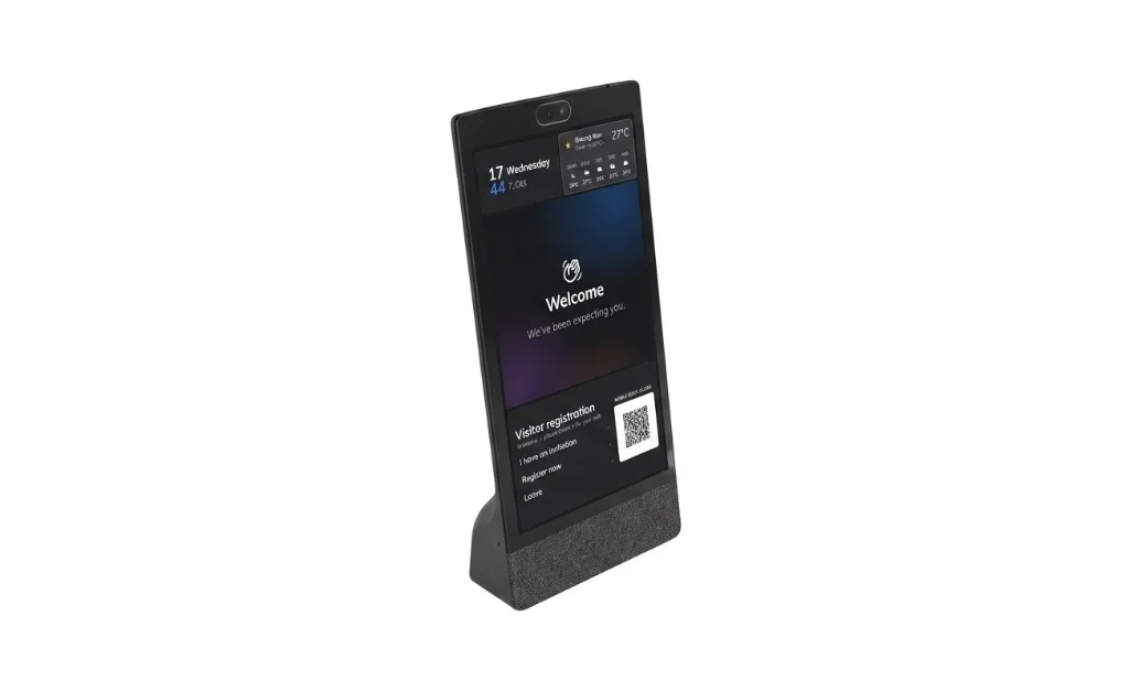 Neat Frame on its wedge stand running an Offision self-service board: widgets, welcome banner, visitor registration menu, and mobile QR access.
