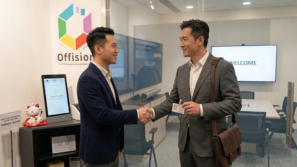 A host in a navy jacket shakes hands with a badged visitor in an Offision lobby, beside a kiosk showing Check-in Complete and a WELCOME screen.