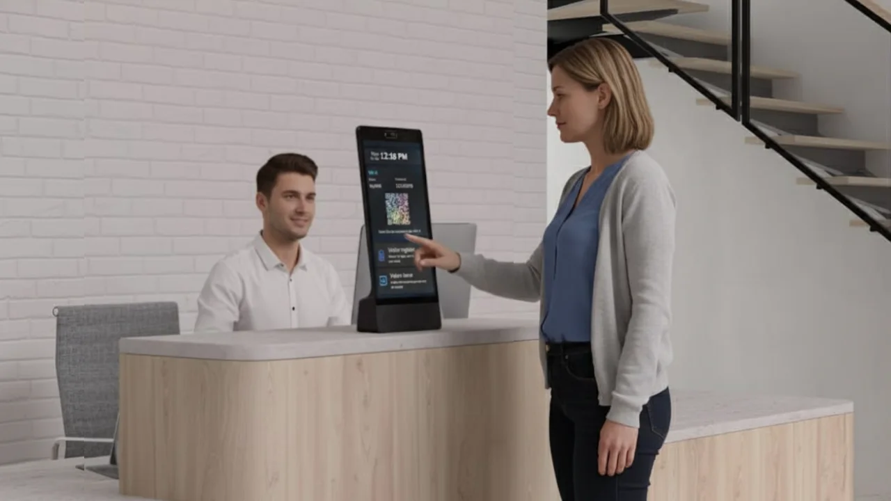 Guest checking in at reception while the host receives a notification.